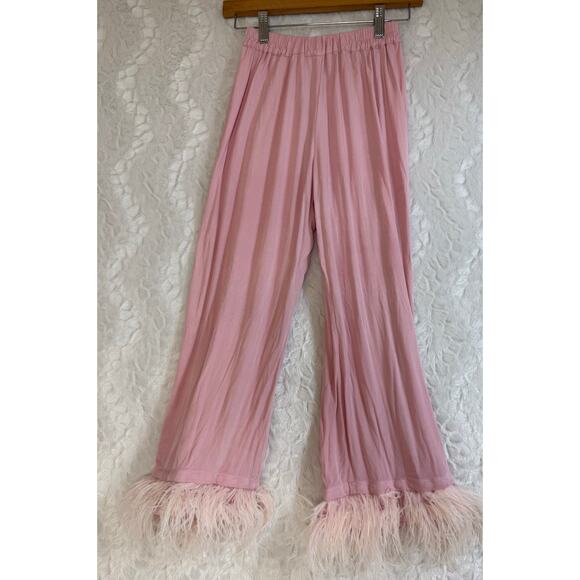 SLEEPER 100% Viscose Pink Ostrich Feather Trim Lounge Party Pajama Pants Size XS - Picture 2 of 13